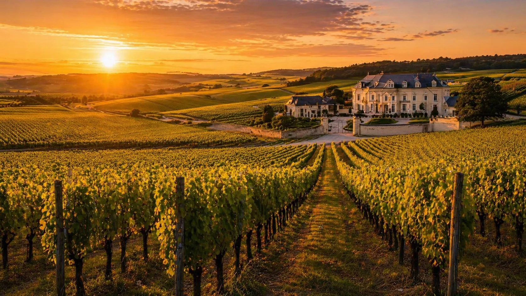 Vignoble champenois au coucher du soleil